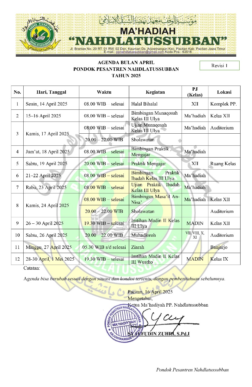 Agenda Santri Pondok Pesantren Nahdlatussubban Bulan April 2025